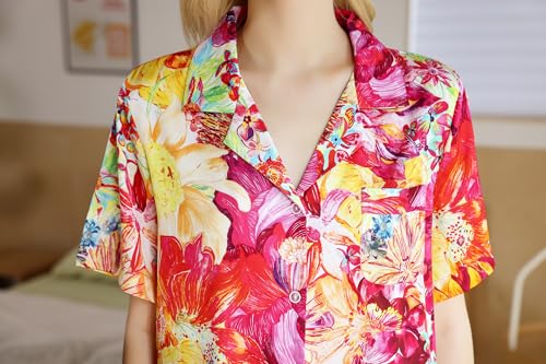 Image of YiNi LuLu Womens Silk Satin Shorts Pajamas Set Button Down 2 Piece Pjs Short Sleeve Oversized Sleepwear with Pockets