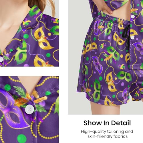 Image of Funny Pajamas for Women Set Print Satin Loungewear Pjs Short Sleeve Button Down Top and Shorts Sets Sleepwear XS-3XL