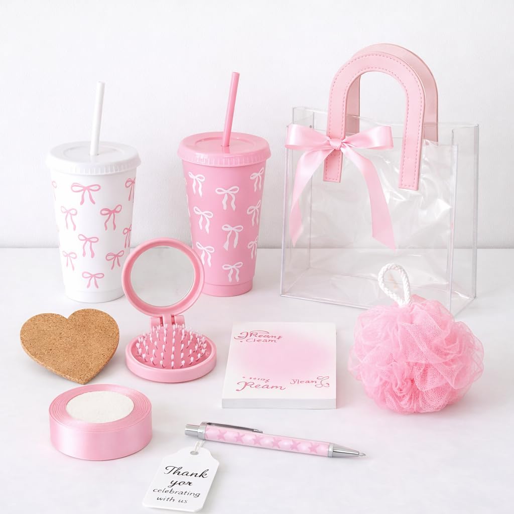 Yebo 55 Pcs Baby Shower Game Prizes, 6 Set Party Favors for Guests with Cups Notebooks Pens Hair Ties Coasters Bath Sponges Folding Comb Gift Bags and Thank You Cards for Bridal Shower Wedding(Pink)