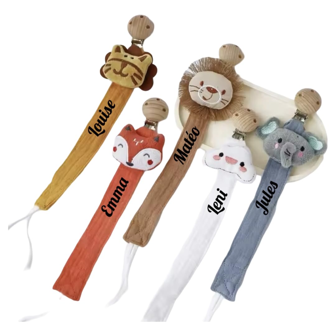 attache tétine personnalisé prénom fille garçon- en gaze de coton bio-attache en bois avec animaux - doudou éléphant nuage lion tigre écureuil