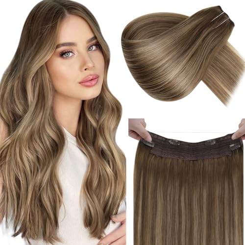 LaaVoo Wire Hair Extensions Human Hair Wire Human Hair Extensions Balayage Brown mix Blonde Human Hair Wire Extensions Soft 16 Inch 90g