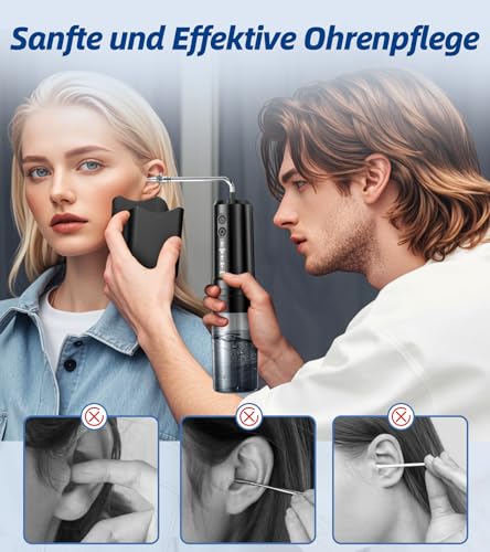 KIMTAR Ohrenschmalz Entferner, Ohrenreiniger Elektrischer Ohrendusche Mit 4 Druckmodi IPX7 Wasserdicht Wiederaufladbar, 10 Düsen Ohr Reinigung für Erwachsene Kinder zu Hause Schwarz