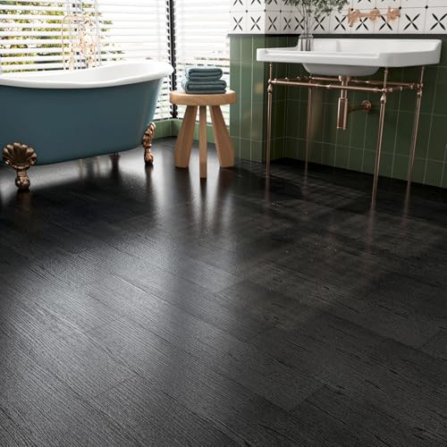 FunStick 17-Pack 6"x36" Peel and Stick Floor Tile Black Wood