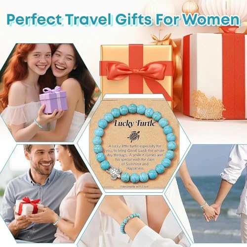 Fakcrkun Regalos de tortuga para mujer, pulsera de tortuga turquesa natural, pulseras de cristal curativo con tarjeta de mensaje, pulseras de cuentas elásticas, regalos de viaje para mujeres
