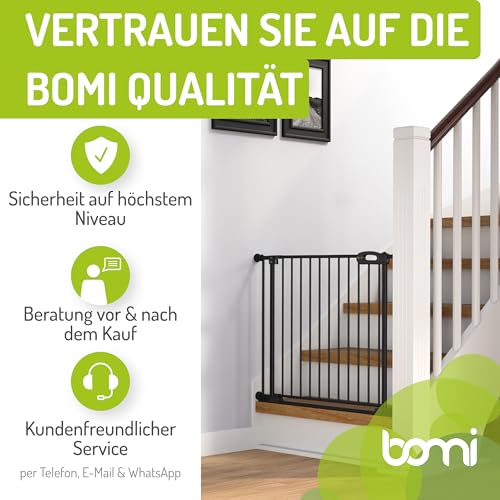 Bomi Treppenschutzgitter Merle Flatstep, Breite 95-103 cm | Türschutzgitter ohne Bohren, stabile Kindersicherung für Kind & Hund, TÜV geprüftes Hundegitter, Türgitter, Treppengitter, Metall Schwarz