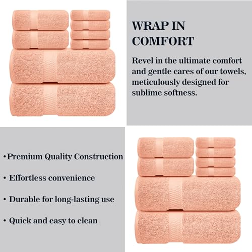Image of Sulfar 100% Combed Cotton, 8 Pcs Towel Set - 2 Bath Towels (70 x 140 cm), 2 Hand Towels (40 x 70 cm) and 4 Face Towel (30 x 30 cm) (600 GSM, Pack of 8) Tender Peach