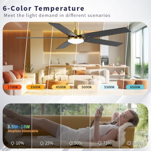Image of 52 Inch Ceiling Fans with Lights and Remote for Bedroom Living Room Kitchen Home Office Indoor /Outdoor, 18W 3CCT Dimmable, Dual Color 5 Blades 6 Speed Reversible Quiet DC Motor, Gold /Wood Grain