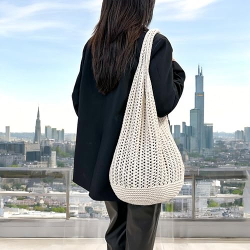 Image of Beach Crochet Tote Bag Mesh Knitted Bag Large Aesthetic Shoulder Bag Handbags Hollow Hobo Bag for Women Summer (Beige)