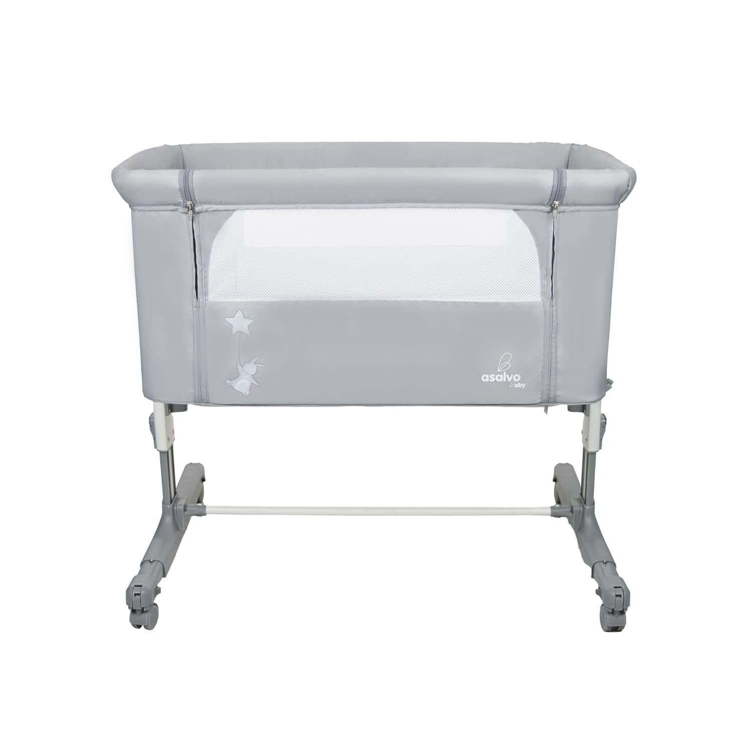 Asalvo Calm Minicuna para Bebé con Sistema de Fijación a la Cama, Colchón con Funda, Altura Ajustable y Laterales Ventilados, Minicuna Colecho Dormir Cerca del Bebé, Desde 0 Meses hasta 9 kg, Gris