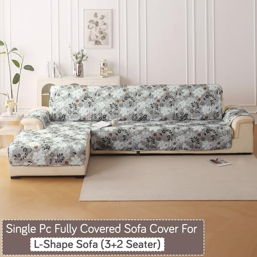 Image of HOKIPO 'Elira Series' Printed Quilted One-Piece L Shape 5 Seater (3+2) Sofa Cover with Left Chaise | Anti-Slip Design, Feather Brown Floral (AR-5374-C1)