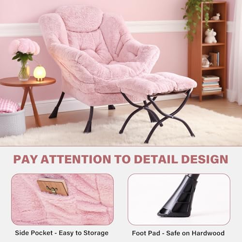 Image of Tiita Lazy Chair with Ottoman, Pink Modern Large Accent Chair, Comfy Leisure Sofa Armchair with Ottoman, Reading Chair with Footrest for Bedroom, Living Room, Dorm Rooms, Plush Pink