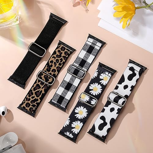 Image of Easuny 5 Pack Stretchy Bands Compatible with Apple Watch 40mm 41mm 42mm 38mm 44mm 45mm 46mm Women, Elastic Fabric Nylon Strap Wristband for iWatch SE 3 2 1 Series 11 10 9 8 7 6 5 4 3 Boho Solo Loop