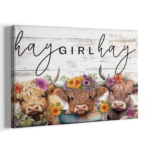 FALJIOK Funny Highland Cow Picture Wall Decor, Farmhouse Cow Wall Art, Cute Cow Gifts Rustic Vintage Country Framed Poster Artwork Prints Pictures for Home Farmhouse Bathroom Bedroom Office 11' x 14'
