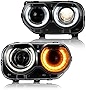 YUANZHENG LED Projector Headlights Assembly for [Dodge Challenger SRT Hellcat Coupe 3rd gen 2015 2016 2017 2018 SE RT] with Dual Beam Lens DRLs, YAA-DG-2041