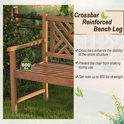 Image of Giantex Outdoor Wooden Garden Bench - 2-Person Acacia Wood Loveseat with Armrests, Backrest, 800lbs Capacity, Patio Park Bench for Backyard, Front Porch Bench (Non-Foldable)