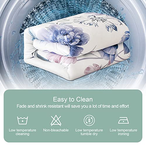 LLDSYW Conjunto de edredom floral Queen de 7 peças com estampa de flores botânicas em azul claro, ed