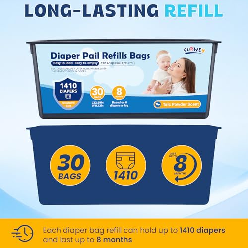 Image of Diaper Pail Refill Bags 30 Bags Per Refill,Compatible with Genie Easy Roll Signature Diaper Pails Holds Up to 4230 Newborn Diapers Talc Powder Scent 7 Layer Odor Barrier,Scented,3PACK (90 Bags)