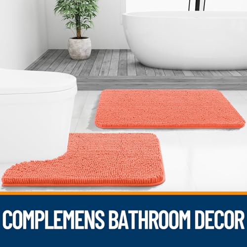 Image of OLANLY Bathroom Rugs Sets 2 Piece, Soft Absorbent Chenille Bath Mats Area Rug Set, Non-Slip, Quick Dry, Machine Washable Bath Mats for Bathroom, Home Decor Accessories (47 inchx20 inch+24 inchx16 inch, Coral)