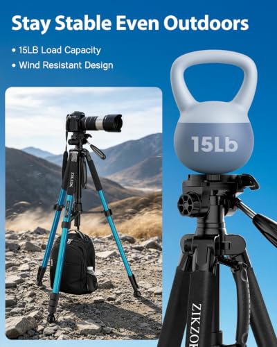 Image of 75 inch Heavy Duty Camera Tripod Stand - Max Load 15LB, Aluminum Travel Tripod for DSLR /Phone /Tablet /Projector, 3-Way Pan Head & Quick Release Plate, Compact Foldable Design (Blue)