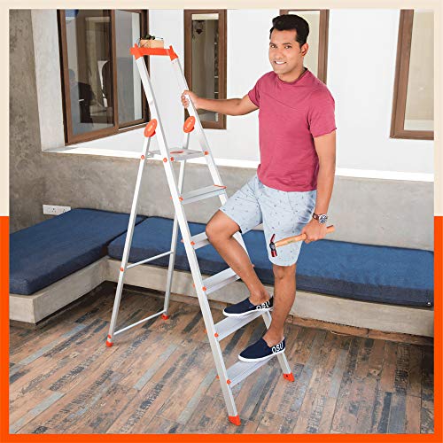 Image of Bathla Elevate 6-Step Foldable Aluminium Ladder for Home with Tool Tray | Anti-Skid | Durable, Heavy Duty, Safe & Stylish | 5-Year Warranty | Orange