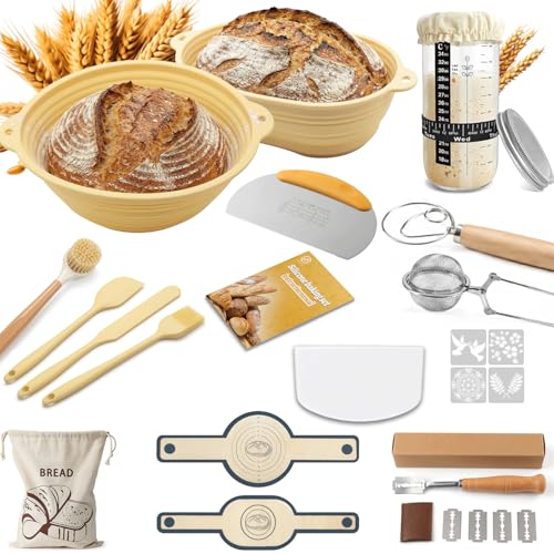 Sourdough Starter Kit with 24oz Glass Jar 28Pcs Complete Bread Making Set Silicone Banneton Bread Proofing Basket Set Sour Dough Starter Kits Bread Proofing Kit Scraper Sourdough Tools