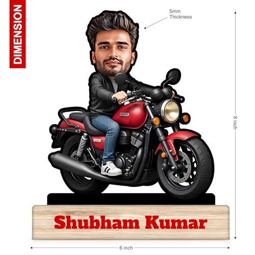 Image of Regalo Casila Personalized Motorcycle Rider Caricature With 6 Inches Wooden Stand - Character Photo Frame for Friends, Boys, Father, Boyfriend - Customized Gift