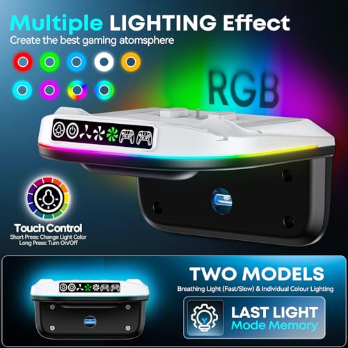 Image of PS5 Wall Mount Kit with Cooling Fan and Charging Station Compatible with PS5 / Slim /Pro Disc and Digital, PS Five Floating Shelf with 9 RGB Lights, PS 5 Mount Behind TV, Sony PSP Cables
