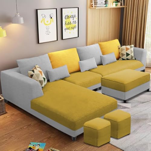 Image of Casaliving Minta LHS 8 Seater L Shape Sofa Set with Center Table for Living Room (Yellow Grey Fabric) Premium Fabric Sofa Set for Living Room | Hall