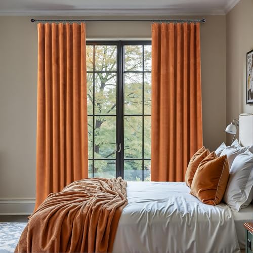 Image of Burnt Orange Velvet Curtains 108 Inches Long 2 Panels for Patio Sliding Door Thick Privacy Thermal Noise Reduction Drape Rust Terracotta Colored Curtain for Bedroom Living Room Victorian Vintage Decor