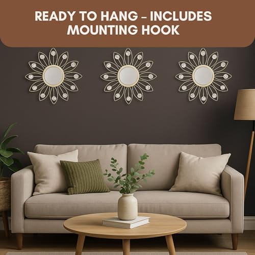 Image of Metal Sunflower Mirror Wall Decor with Crystals Decorative Mirror Wall Mounted | Mirror Wall Decor for Living Room Beautiful Modern Designer | Hanging Mirror Sculpture Set of 3 (Crystal White)
