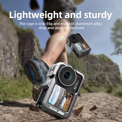 Image of TELESIN Aluminum Cage Metal Case for DJI Action 3 /4 Camera, Protective Frame & Housing Fits with ND CPL Lens Filter, Skeleton Sleeve with 1 /4 Cold Shoe for Microphone & Video Light