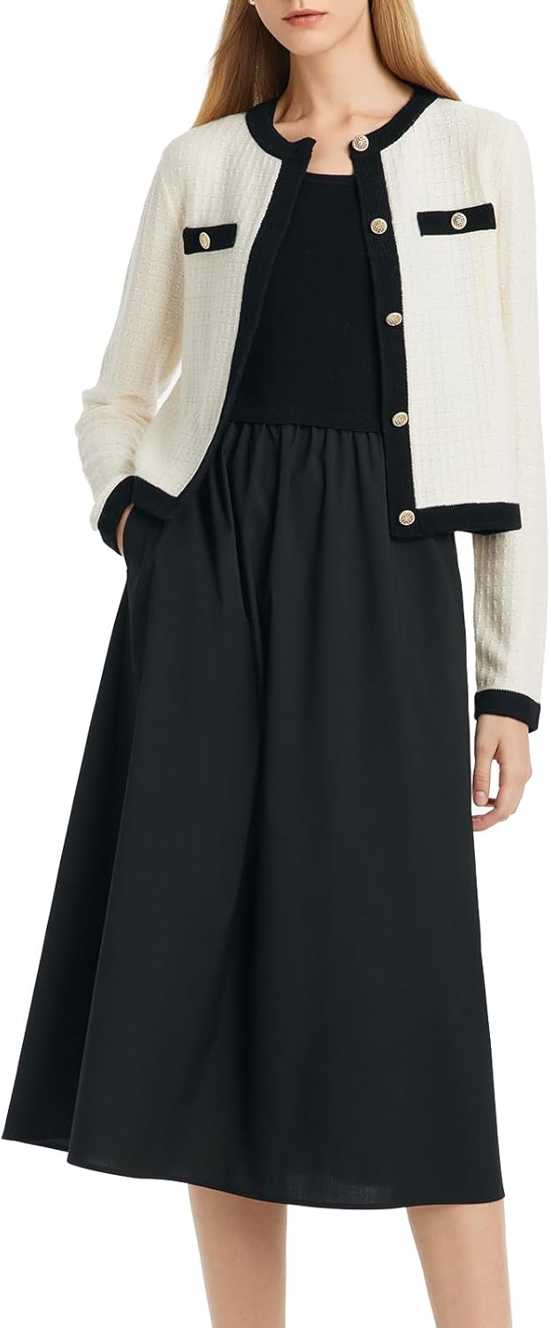 GOELIA 2 Piece Sets for Women Spring Outfits Sweater Knit Long Sleeve Cropped Cardigan and Dresses Suit Sets with Pockets