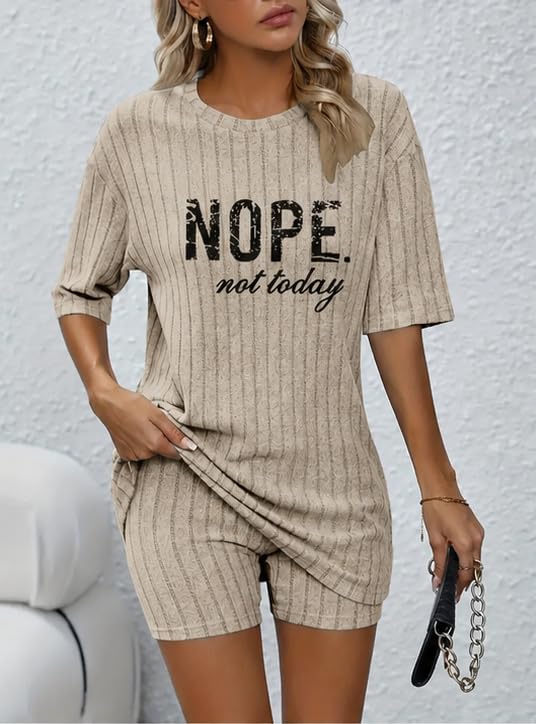 Women Set Short Sleeve Top and Shorts Ribbed Casual Sleepwear Outfit for Home Travel and Daily Relaxation 2 Pcs