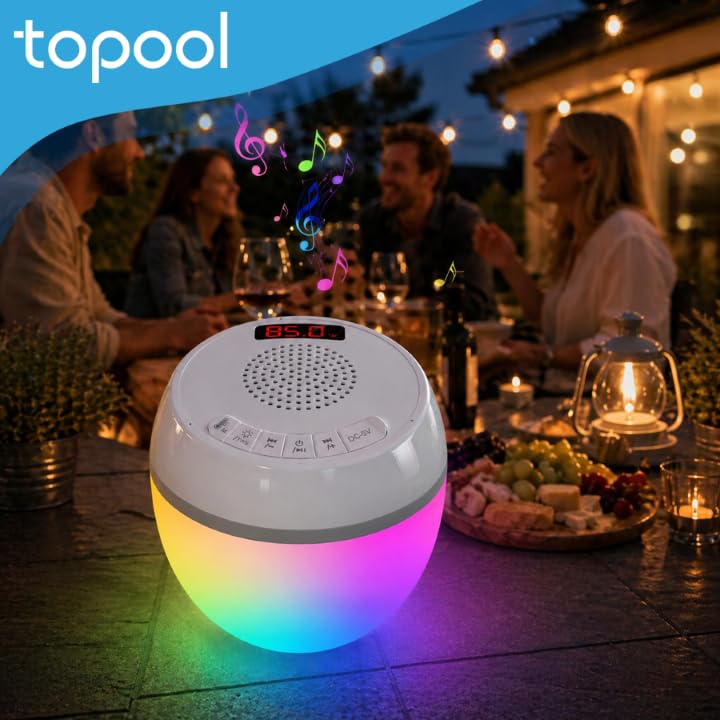 Schwimmender Bluetooth-Lautsprecher für Pool mit Thermometer und LED-Beleuchtung, IP68, 8 Lichtmodi, 360°-Stereo-Sound, TWS, Reichweite 25 m, Akku 2000 mAh