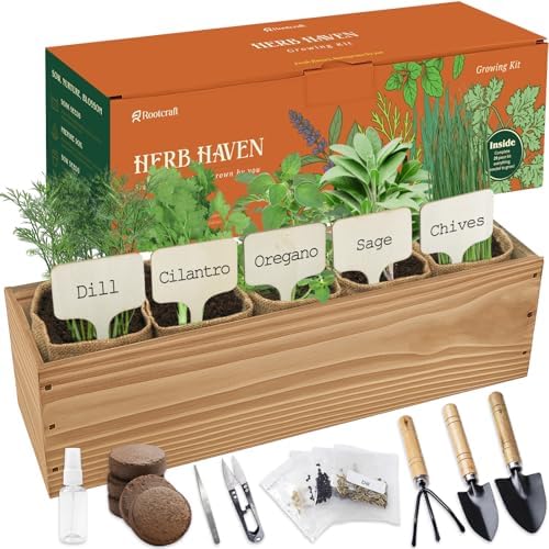 5 Herb Garden Planter Indoor with Wooden Box, Home Kitchen Seed Starter Kit Including Dill, Cilantro, Oregano, Sage, Chives, Birthday, Mothers Day, House Warming, Gardening Gifts for Women, Mom
