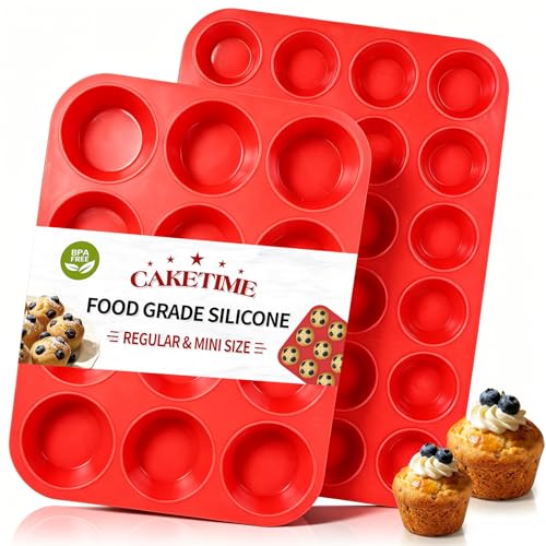 Image of Silicone Muffin Pan, Mini Muffin Pan, Regular 12 Cups and Mini 24 Cups Cupcake Tin Set of 2 for Baking Egg Bites
