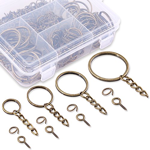 Swpeet 300Pcs Bronze Key Chain Rings Kit, 100Pcs Keychain Rings with Chain and 100Pcs Jump Ring with 100Pcs Screw Eye Pins Bulk for Jewelry Findings Making - 3/5 Inch, 4/5 Inch, 1 Inch, 6/5 Inch