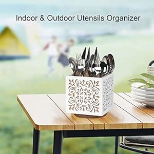 Rotating Utensil Holder for Kitchen Counter, Wood Utensil Organizer Silverware Organizer Rustic Cutlery Holder Utensil Crock, White Flatware Organizer Utensil Caddy for Forks, Spoons, Knives Rotating Utensil Holder for Kitchen Counter Wood Utensil Organizer Silverware Organizer Rustic Cutlery Holder Utensil Crock White Flatware Organizer Utensil Caddy for Forks Spoons Knives