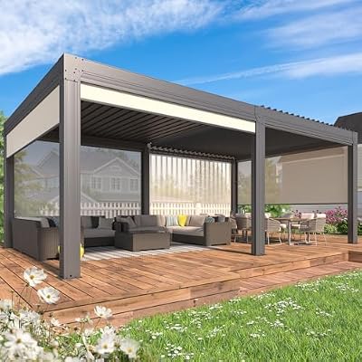 YOLENY Louvered Pergola and 6 Pull-Down Screens, 12x20FT All Aluminum Pergola with Adjustable Rainproof Roof, Outdoor Sun Shade Shelter for Patio, Weatherproof, Dark Gray