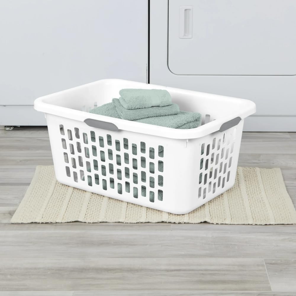 2 PACK 2 Bushel Large Plastic Laundry Basket with 4 Comfort Grip Handles, White - Durable, Lightweight, Spacious Laundry Storage for Home, Dorm, and Apartments