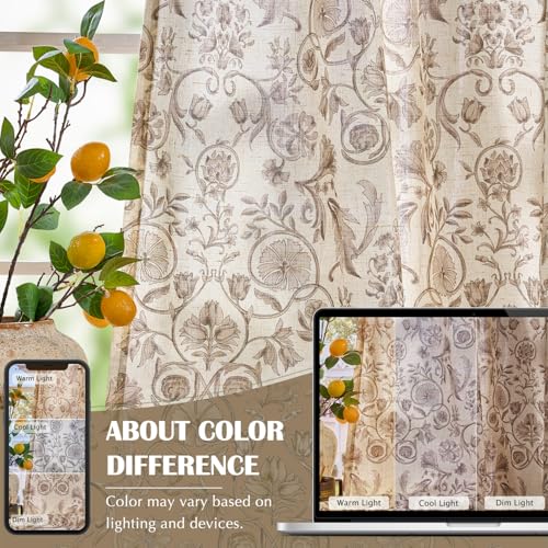 Image of jinchan Linen Floral Curtains for Living Room with Printed Flower 84 Inches Long Light Filtering Farmhouse Window Treatment Vintage Drapes Back Tab Rod Pocket 2 Panels Taupe on Beige