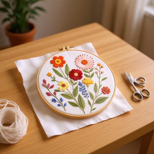 Image of Zhenqing 4-Piece Floral Embroidery Kit for Beginners - Complete Set with Sunflower, Daisy Designs & Pre-Printed 29x29cm Cotton Fabric, Hoop, Threads & Tools(C0166)