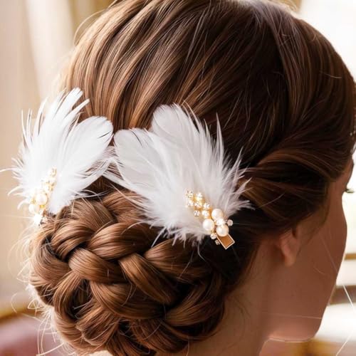 Set 2 Pinzas para Cabello con Plumas Blancas y Perlas miniatura 2