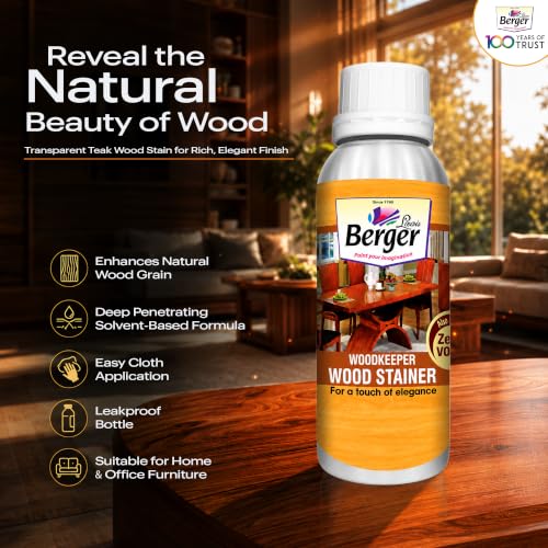Image of Berger Wood Keeper 1L Dark Walnut Wood Stain with Leakproof Bottle & Easy Cloth Application Transparent Solvent-Based Stainer for Home Office Furniture Surfaces Shine and Finish (Pack of 1)
