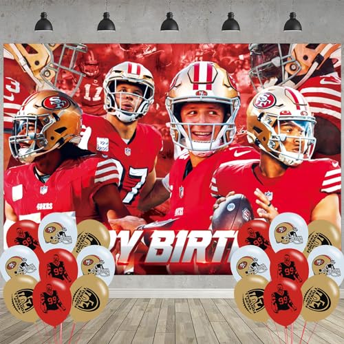 ELZEM 49ers Birthday Party Decoration San Francisco Party Photo Background 5 x 3 FT 18 Pcs Football Balloons Blue Vinyl & Latex Material