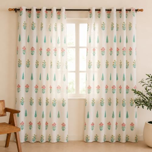 Image of Clasiko Block Print Sheer Door Curtains| 5 Feet | 40% Light Filtering Linen Textured Curtains with Eyelets | Elegant Floral