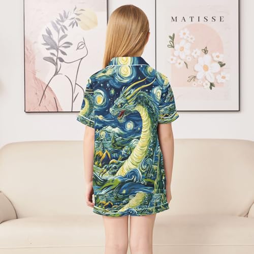 ALAZA Van Gogh Style Dragon Satin Pajamas Set Short Sleeve Button Down Sleepwear Summer Pjs 2 Piece4