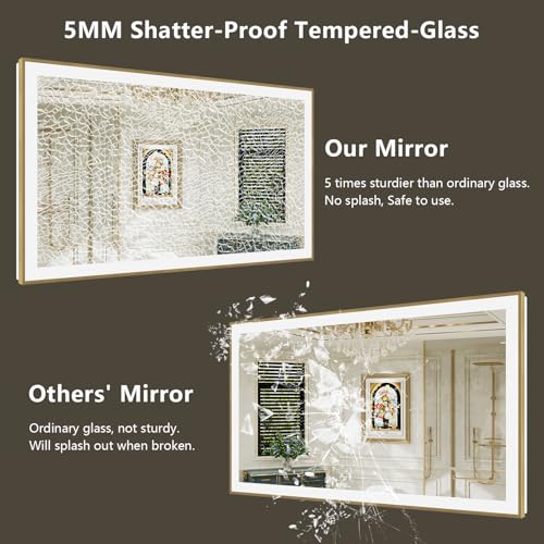 Image of 72x32 LED Bathroom Mirror with Lights, Gold Framed Lighted Mirror | Backlit and Front light, Anti-Fog, 3 Color Dimmable, Memory, Tempered Glass, IP54 Waterproof, UL Listed