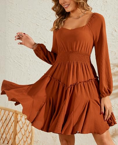 Florboom Women's Multi-Layered Hem Dress Square Neck Lantern Long Sleeve A-Line Smocked Waist Mini Dresses4