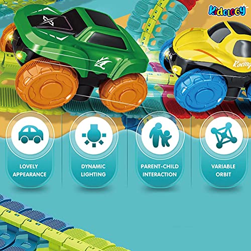 Image of Kidology Dinosaur Car Race Tracks Toy for Kids | Color-Variable Race Track Toy with Light Flexible Track | Flexible Track Creative Gravity Free Racer Track Sets for Kids, Construction Toy (135 pc)